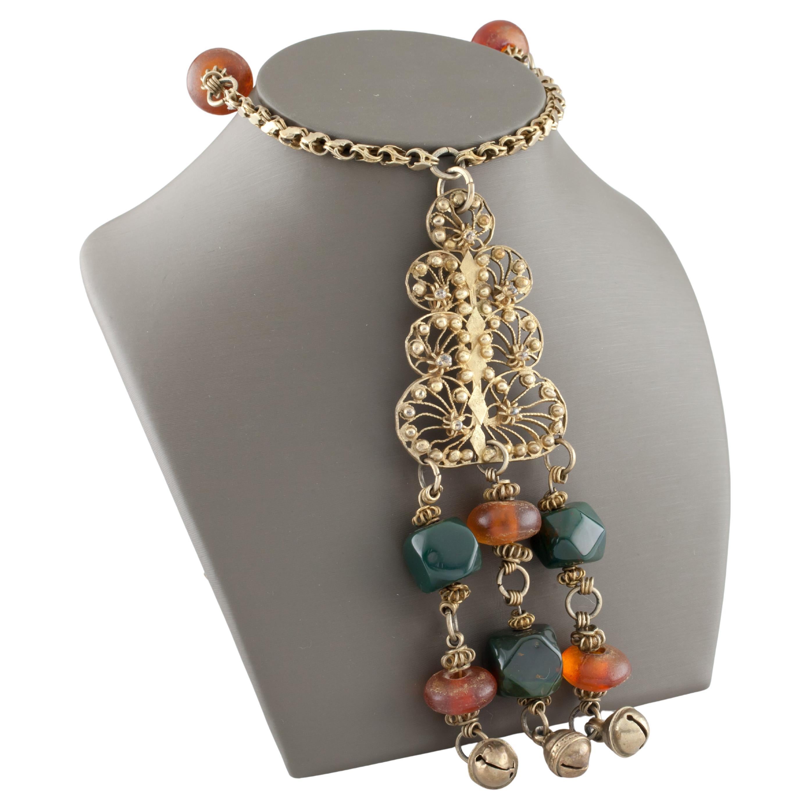 Vintage Bedouin Gold-Plated Filigree Necklace with Amber & Bloodstone, 30 Inches For Sale