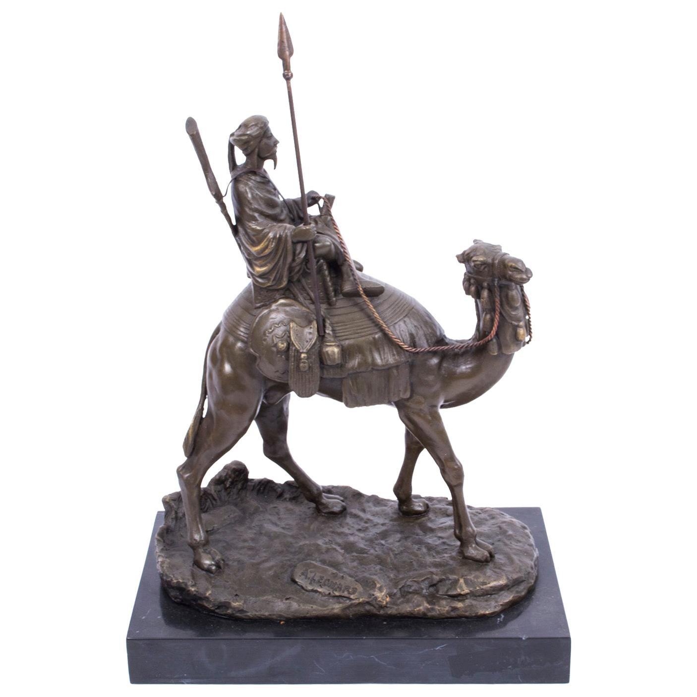 Vintage Bedouin Warrior on Camel Bronze Sculpture After Leonard, 20th Century