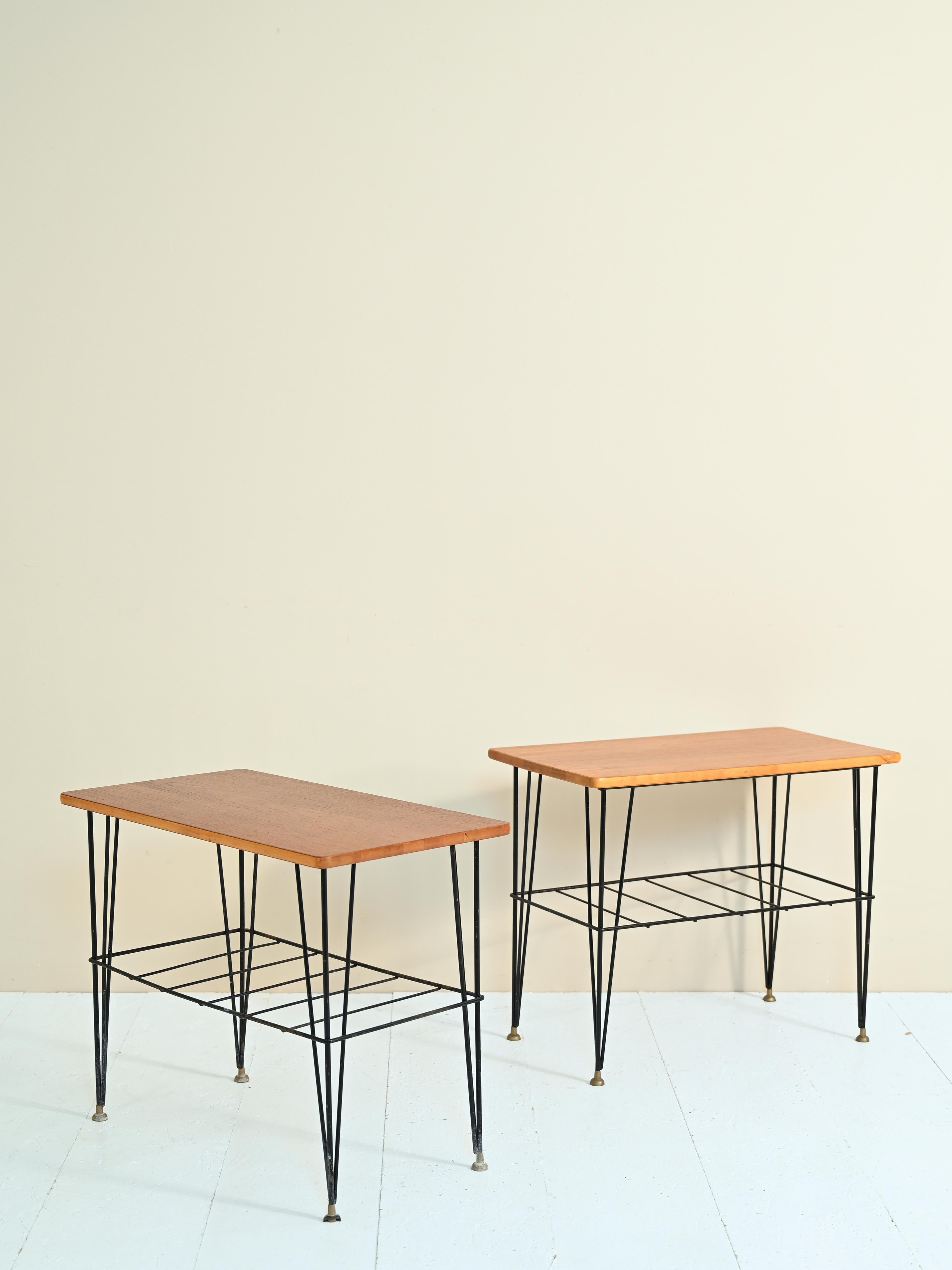 Scandinavian Modern Vintage Bedside Tables with Metal Frame