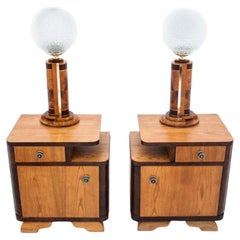 Vintage Bedside Tables with Table Lamps, Poland, 1950s, After Renovation