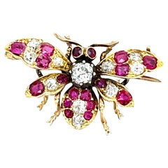 Vintage Bee Brooch in 18ct Yellow Gold set With Rubies & Victorian cut Diamonds