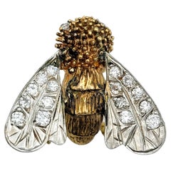 Broche Abeja Vintage con Alas de Diamante Europeo Antiguo en Oro Bicolor de 14 Kilates