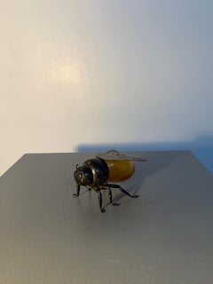 Vintage Bee Figurine in Amber Glass and Silver-Tone Metal