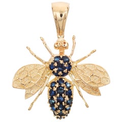 Vintage Bee Pendant Sapphire 14k Yellow Gold Brooch Pin Jewelry Bug Insect