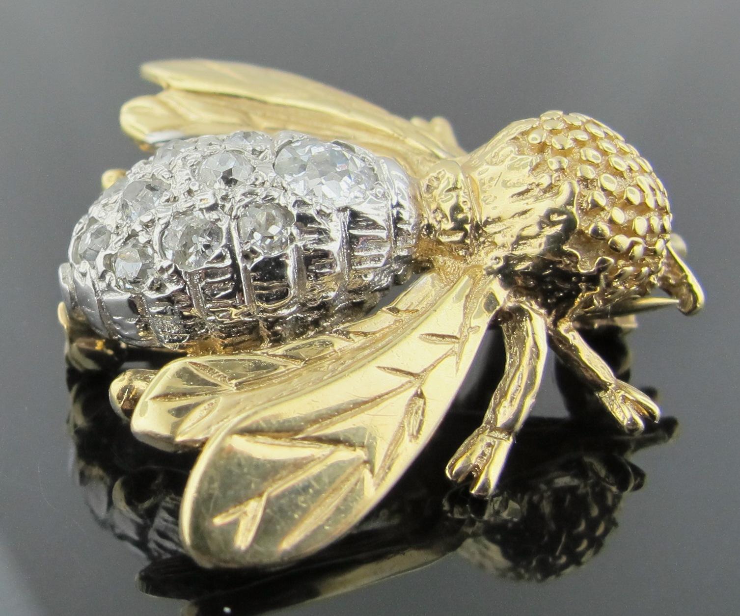 14 karat yellow gold Vintage BEE pin with 12 Old European Cut diamonds weighing a total of 0.50 carats.  Color is H, Clarity is VS