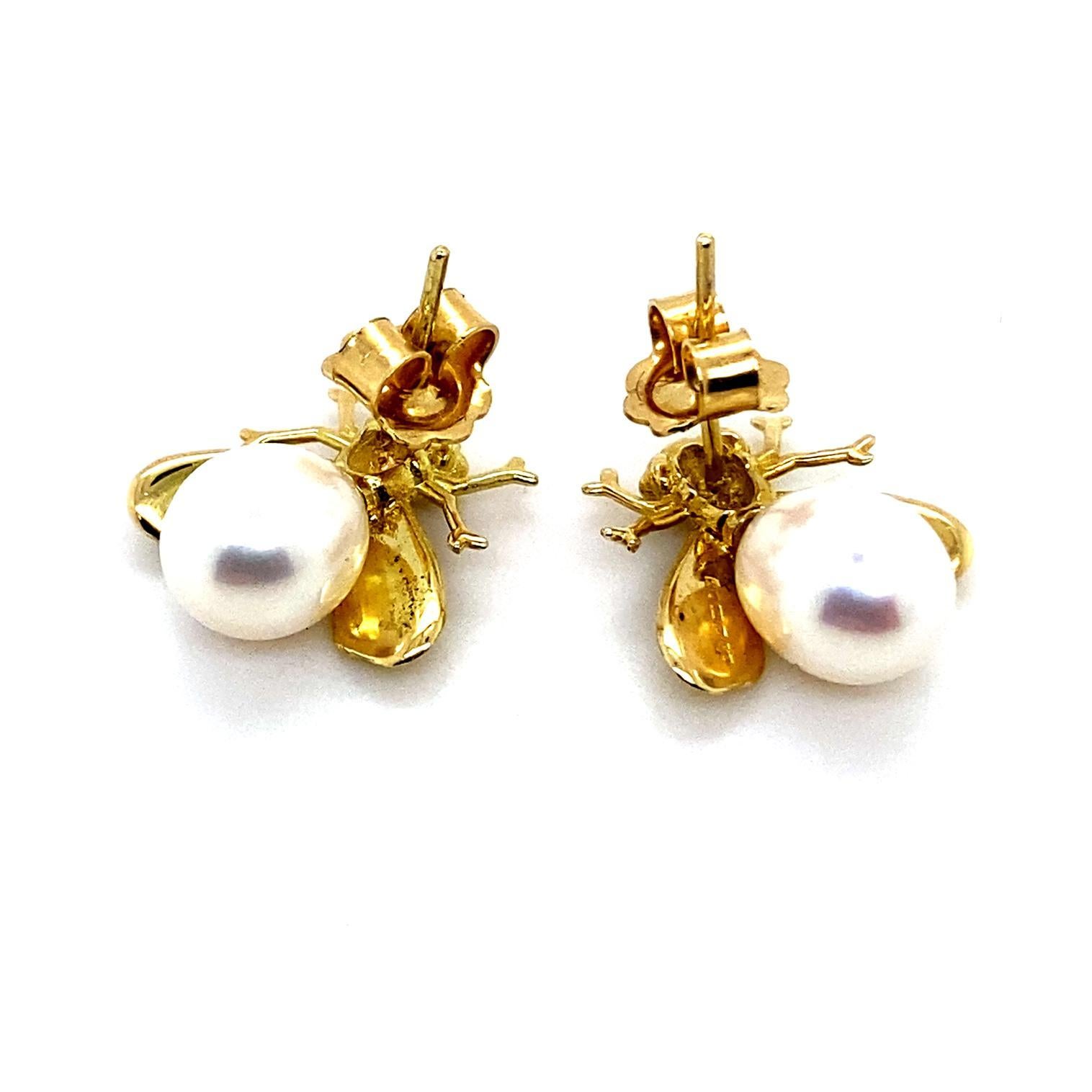 Vintage Bienen-Ohrstecker Perlen-Diamant-Ohrringe 18 Karat Gelbgold Damen im Angebot