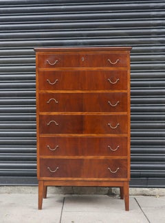 Vintage beech 1950s English 'tall boy' chest of drawers with brass handles