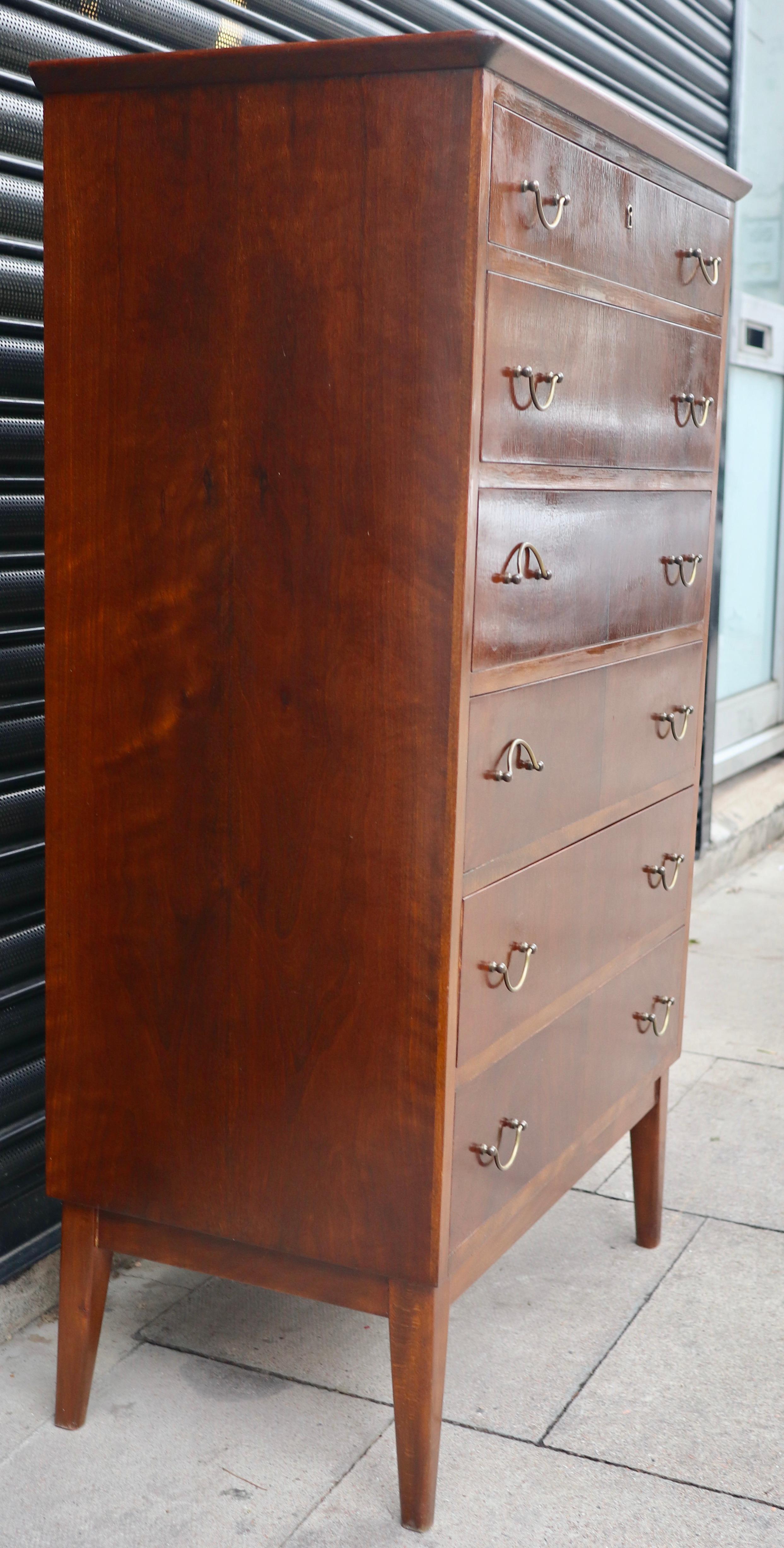 Mid-Century Modern Vintage beech 1950s English 'tall boy' chest of drawers with brass handles For Sale