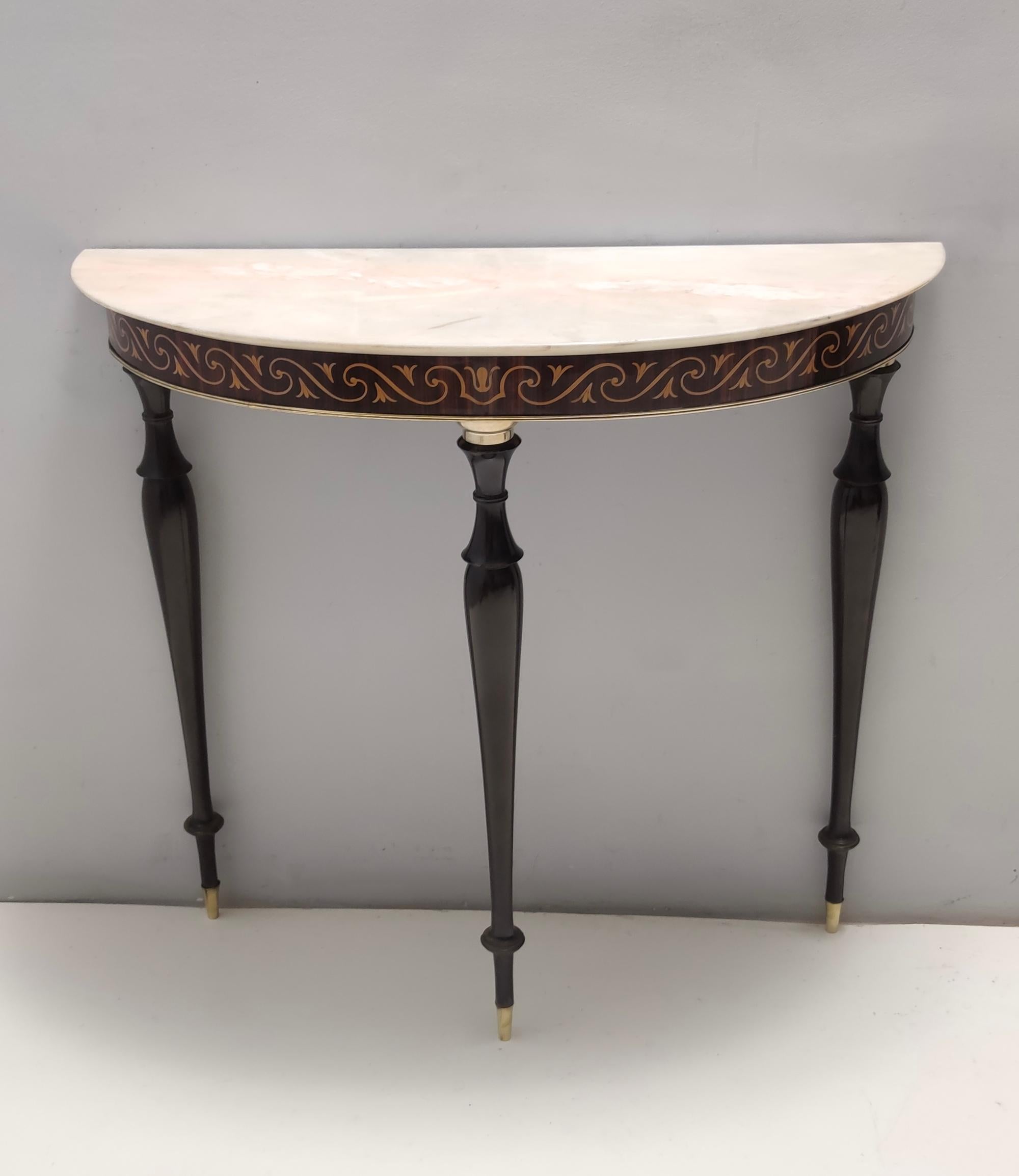 Italian Vintage Beech and Black Walnut Console Table with a Demilune Marble Top For Sale