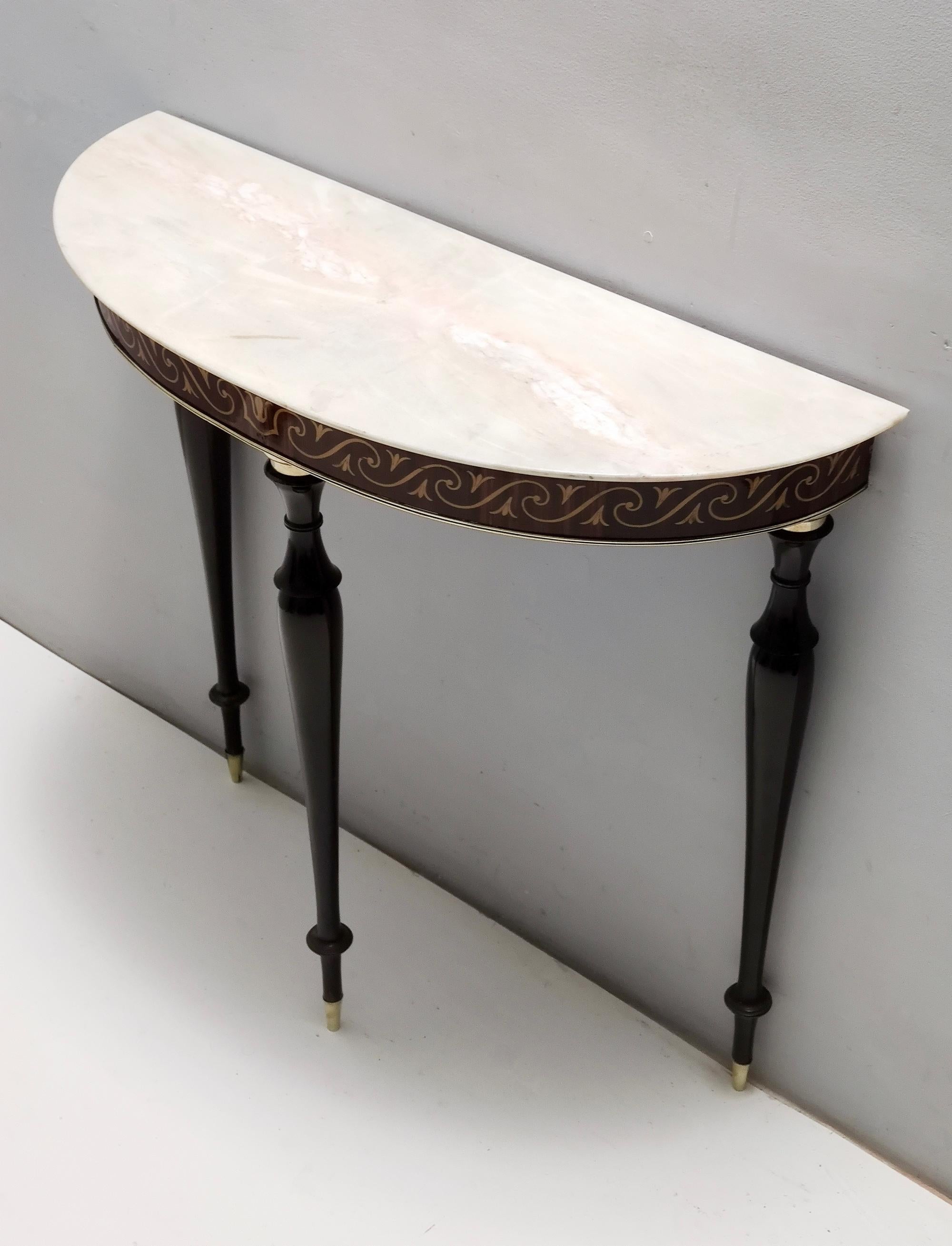 Mid-20th Century Vintage Beech and Black Walnut Console Table with a Demilune Marble Top For Sale