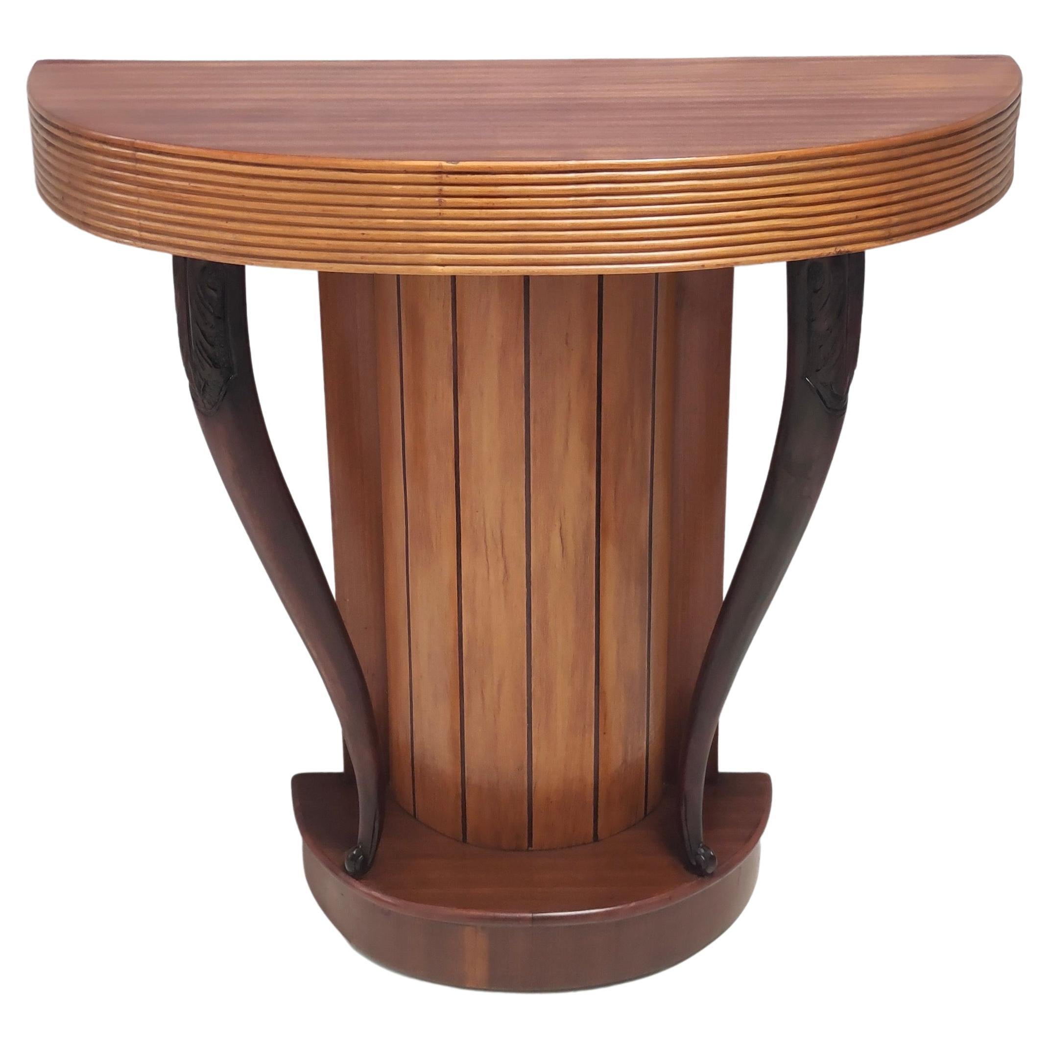 Demilune Wall Mounted Walnut and Tooled Leather Console Table at