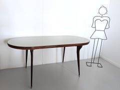 Vintage Beech and Walnut Dining Table with an Oval Gray Glass Top, Italy
