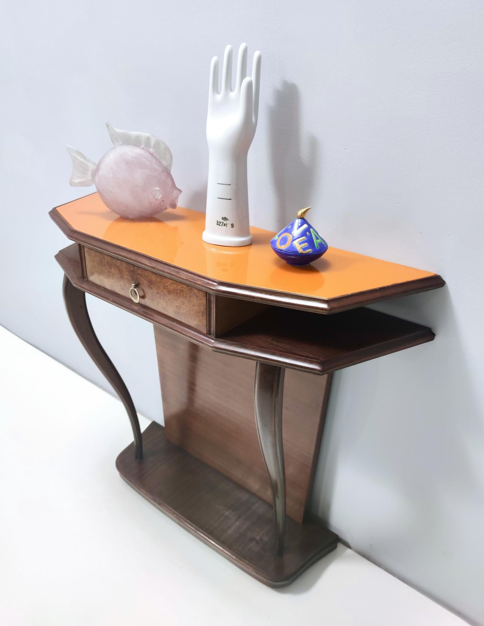 Mid-Century Modern Vintage Beech and Walnut Root Console Table with an Orange Glass Top, Italy For Sale