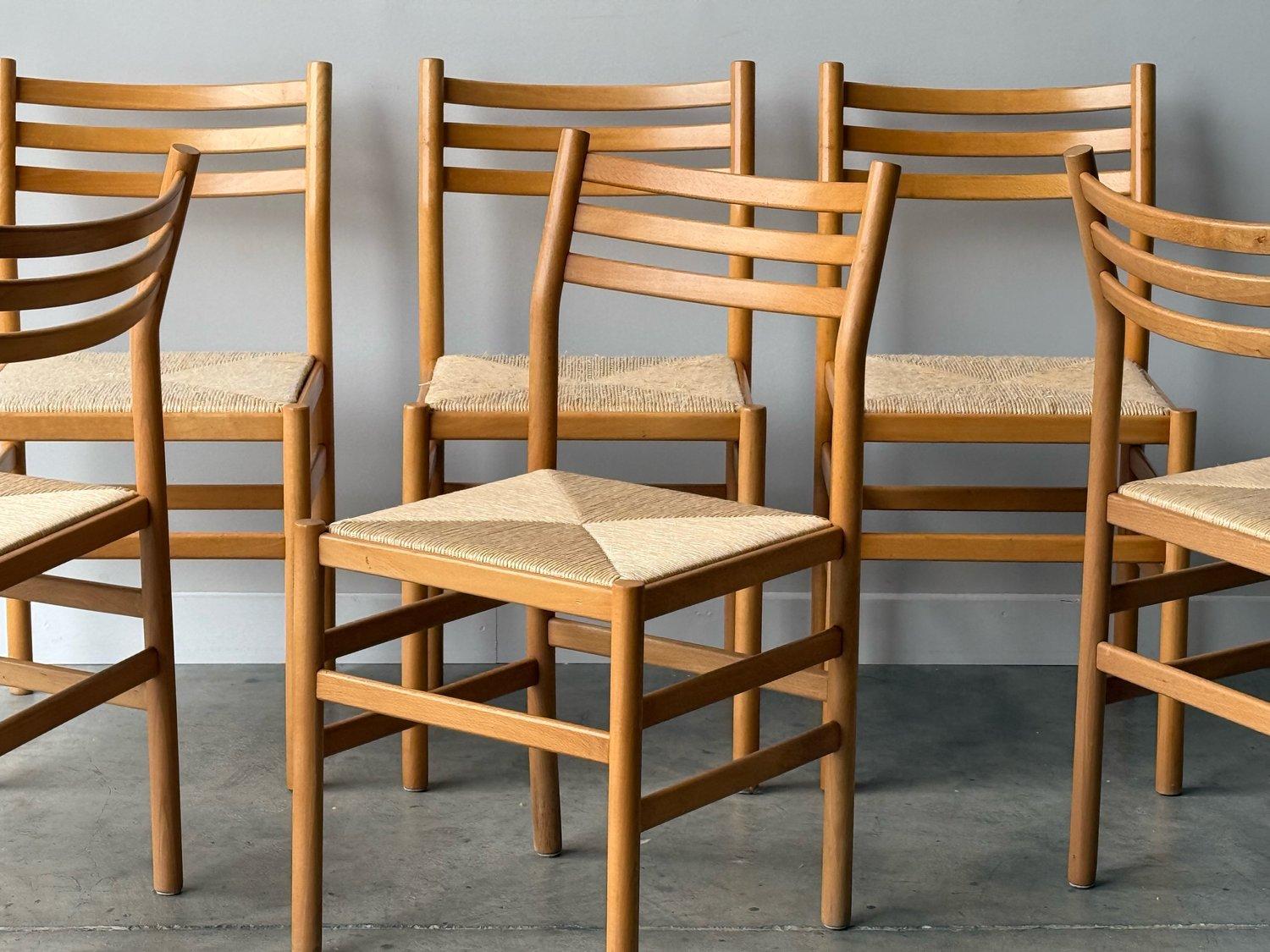 Mid-Century Modern Vintage Beech and Wood Rush Straw Dining Chairs - Set of Six
