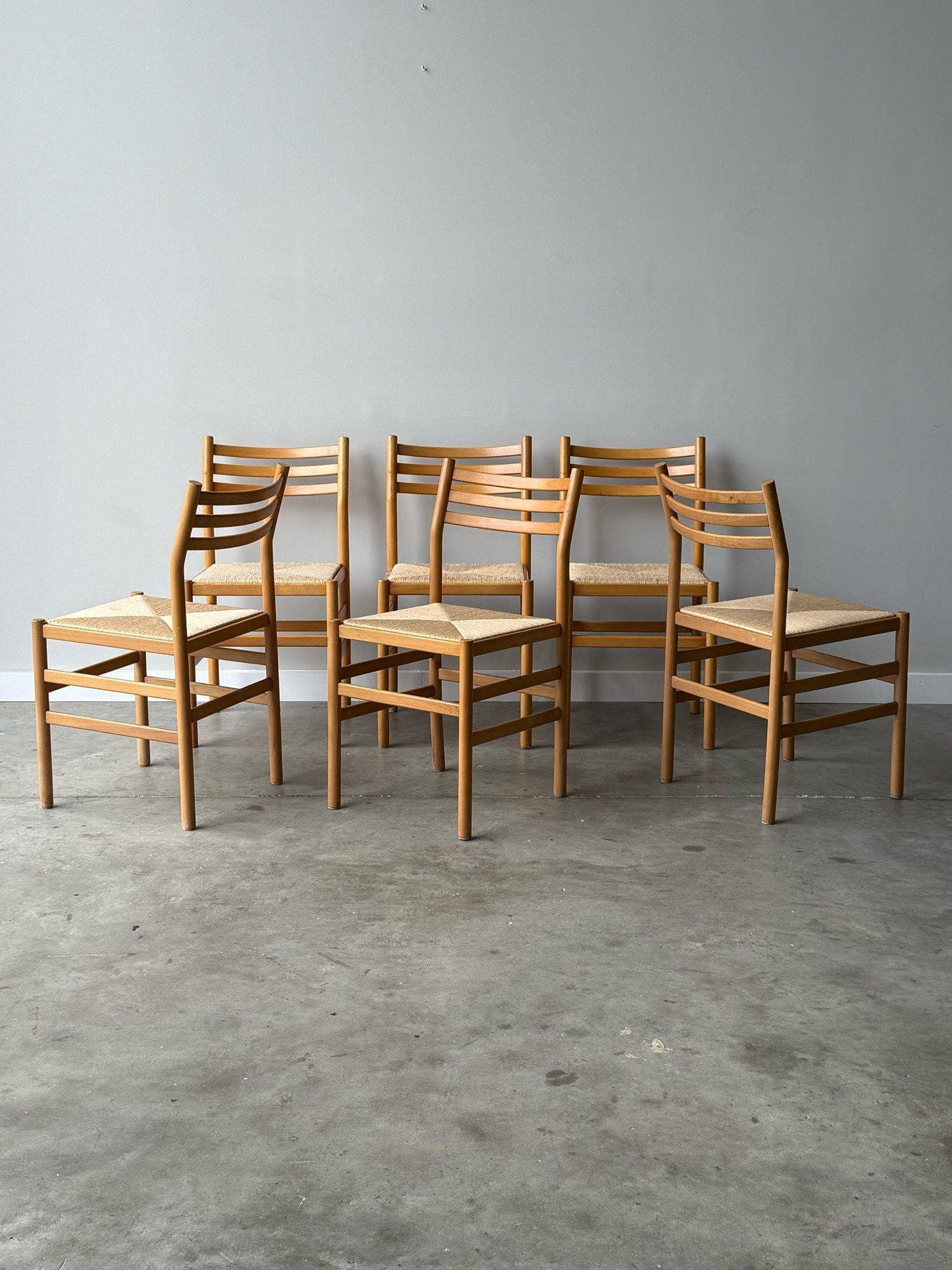 Italian Vintage Beech and Wood Rush Straw Dining Chairs - Set of Six