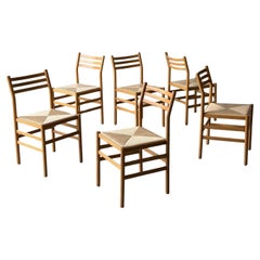 Vintage Beech and Wood Rush Straw Dining Chairs - Set of Six