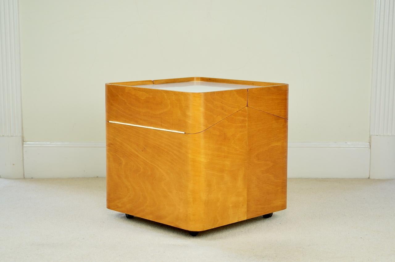 British Vintage Beech Bent Plywood Side Table, Bar Storage, Retro MCM, 1960s Isokon Era