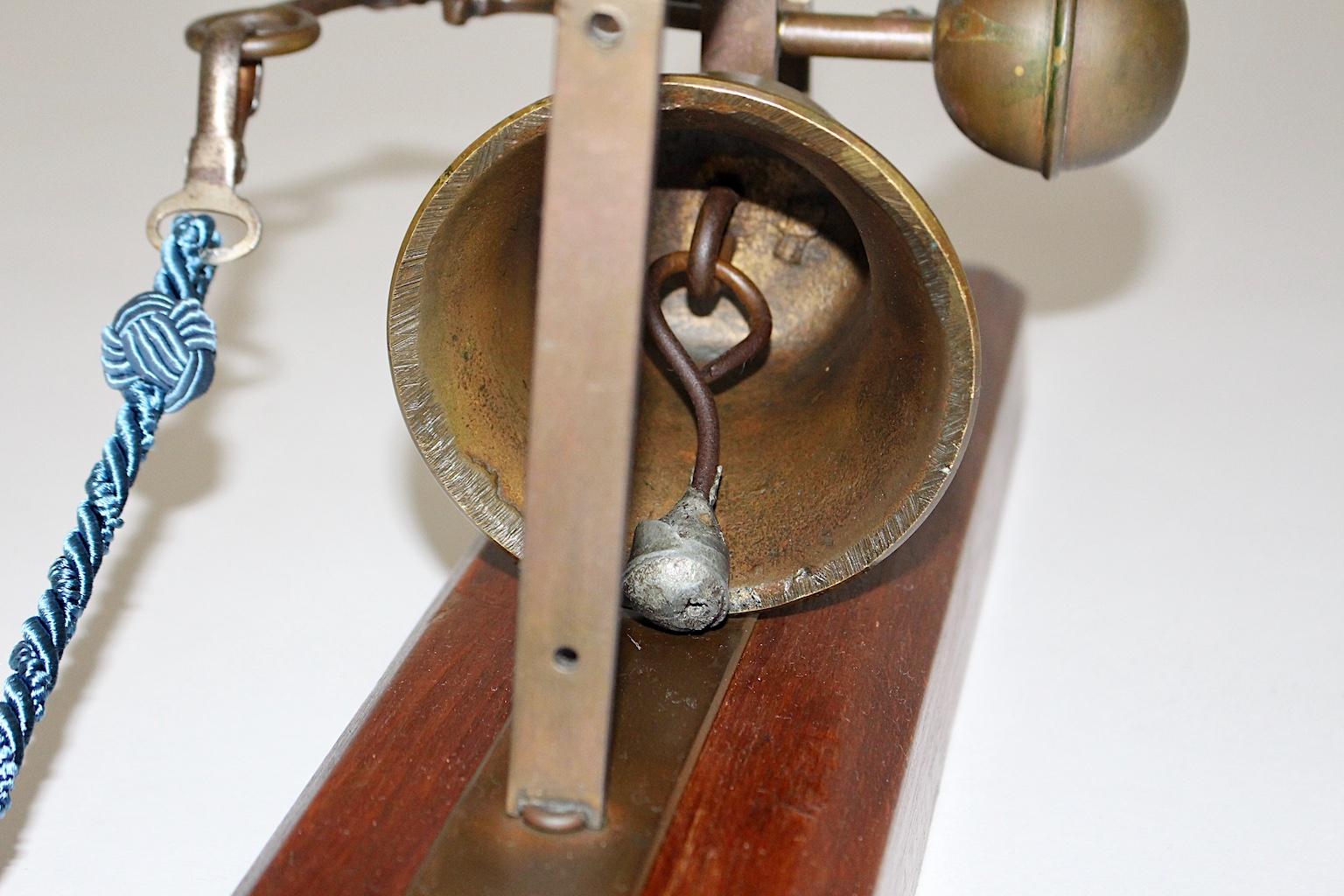 Vintage Beech Brass Iron Wall Bell Porters Bell Blue Cord, Austria, 18th Century 4