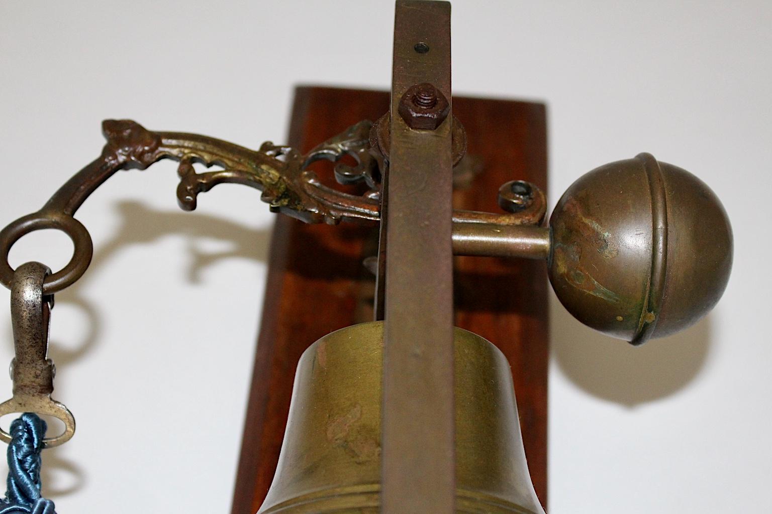 Vintage Beech Brass Iron Wall Bell Porters Bell Blue Cord, Austria, 18th Century 5