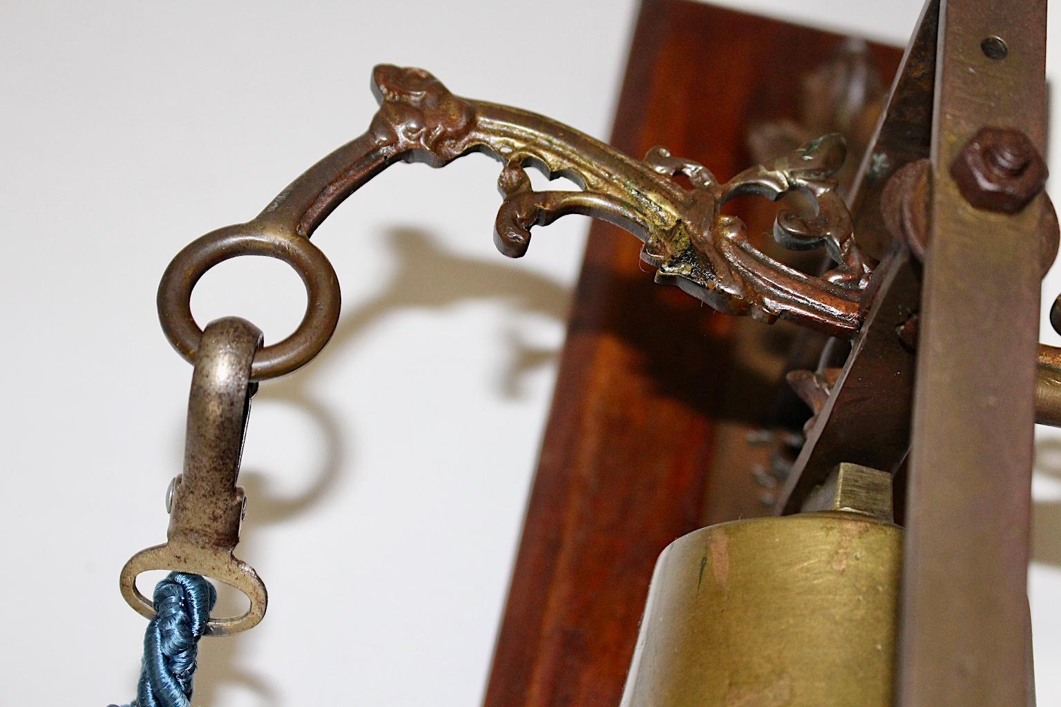 Vintage Beech Brass Iron Wall Bell Porters Bell Blue Cord, Austria, 18th Century 6