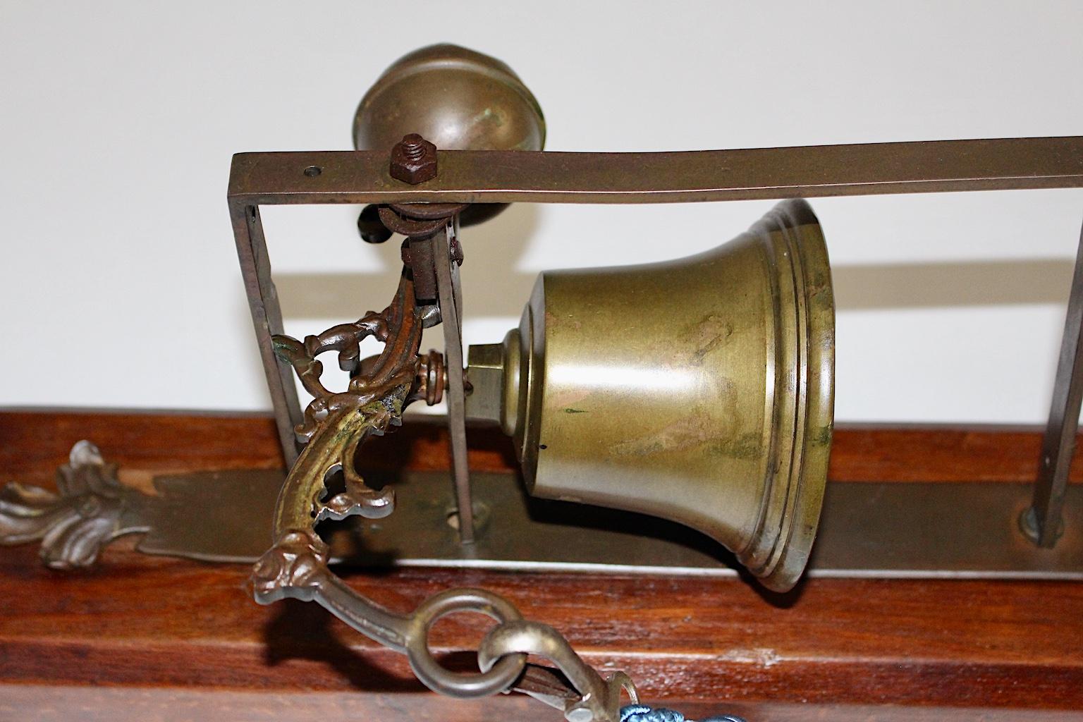 Vintage Beech Brass Iron Wall Bell Porters Bell Blue Cord, Austria, 18th Century 7