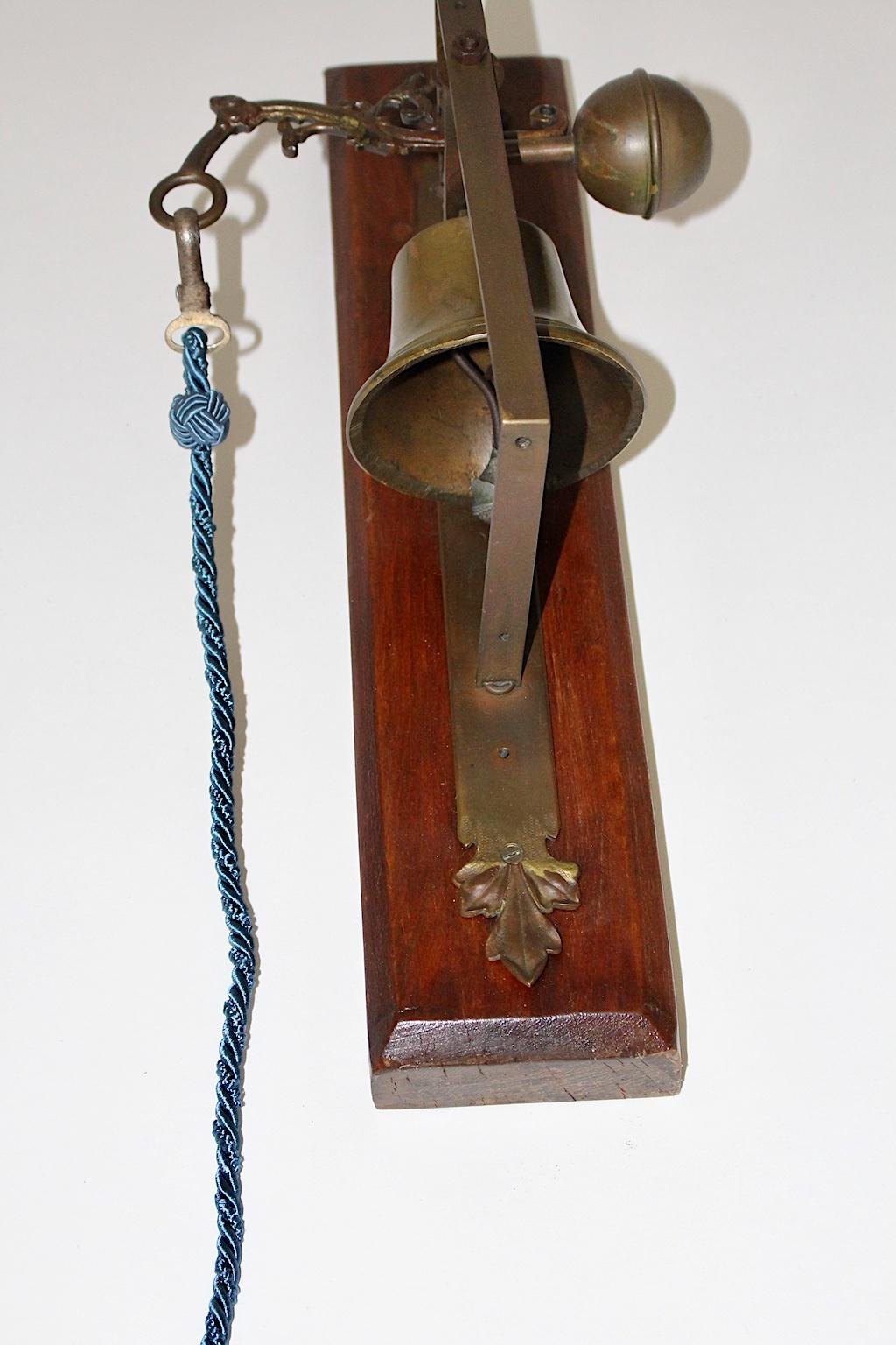 Baroque Vintage Beech Brass Iron Wall Bell Porters Bell Blue Cord, Austria, 18th Century