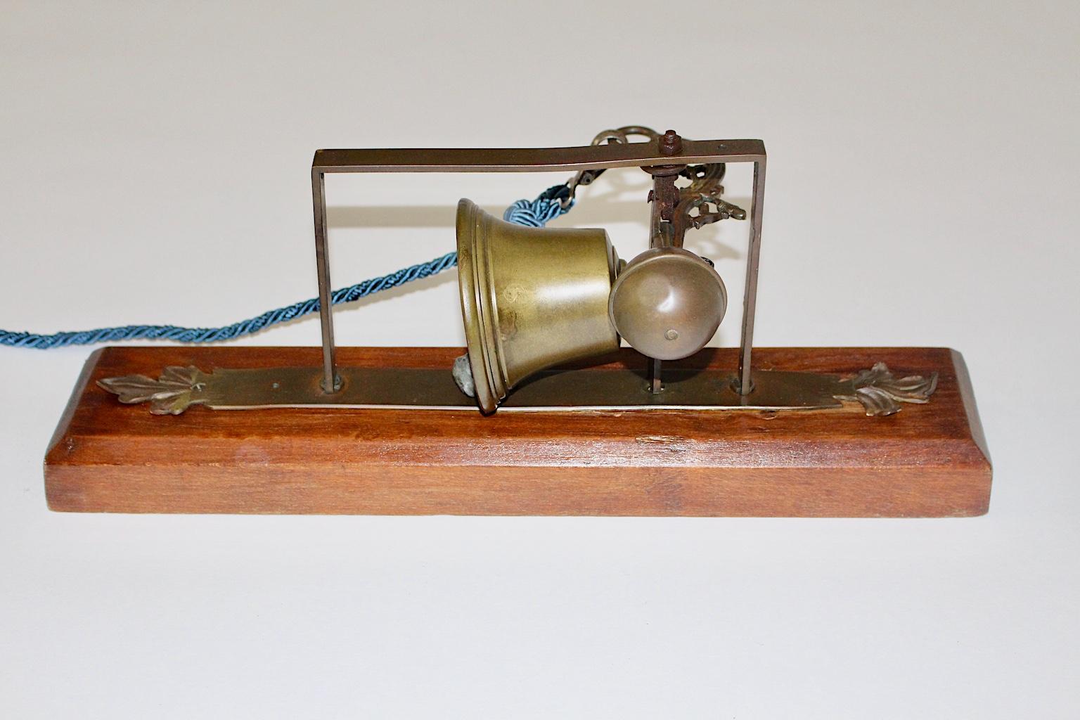 Vintage Beech Brass Iron Wall Bell Porters Bell Blue Cord, Austria, 18th Century In Good Condition In Vienna, AT