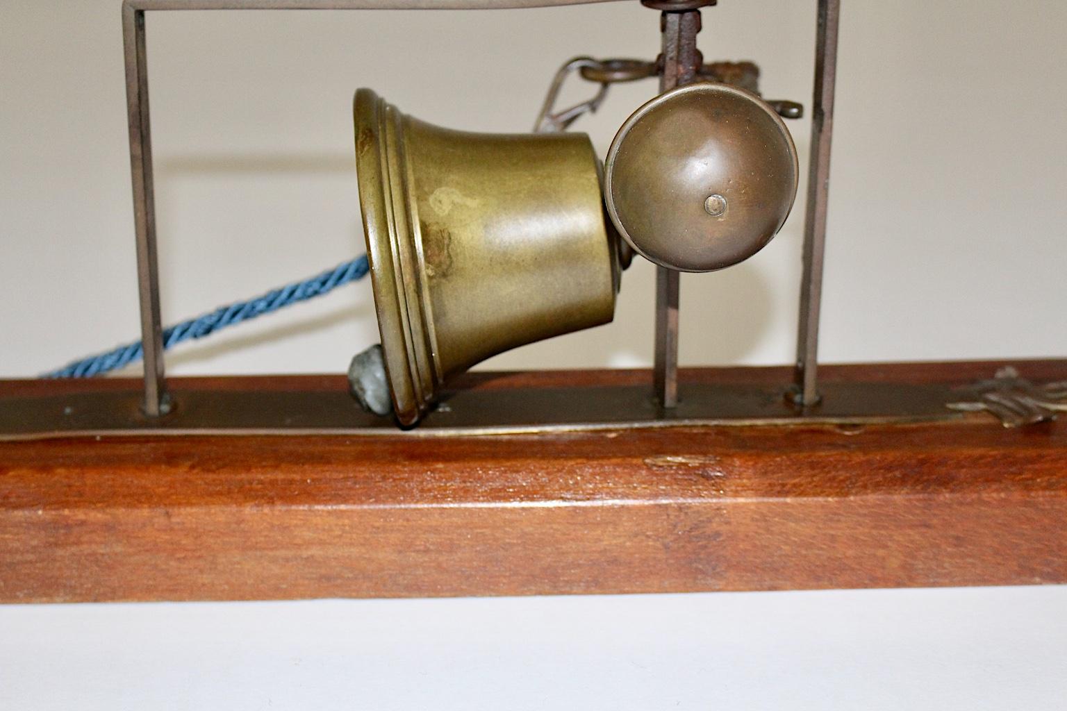 18th Century and Earlier Vintage Beech Brass Iron Wall Bell Porters Bell Blue Cord, Austria, 18th Century