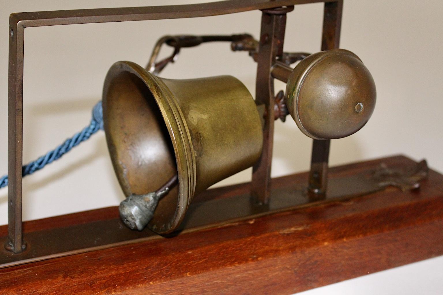 Vintage Beech Brass Iron Wall Bell Porters Bell Blue Cord, Austria, 18th Century 1