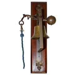Vintage Beech Brass Iron Wall Bell Porters Bell Blue Cord, Austria, 18th Century