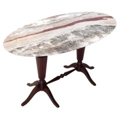 Table basse vintage en hêtre attribuée à Paolo Buffa avec un plateau ovale en onyx rouge