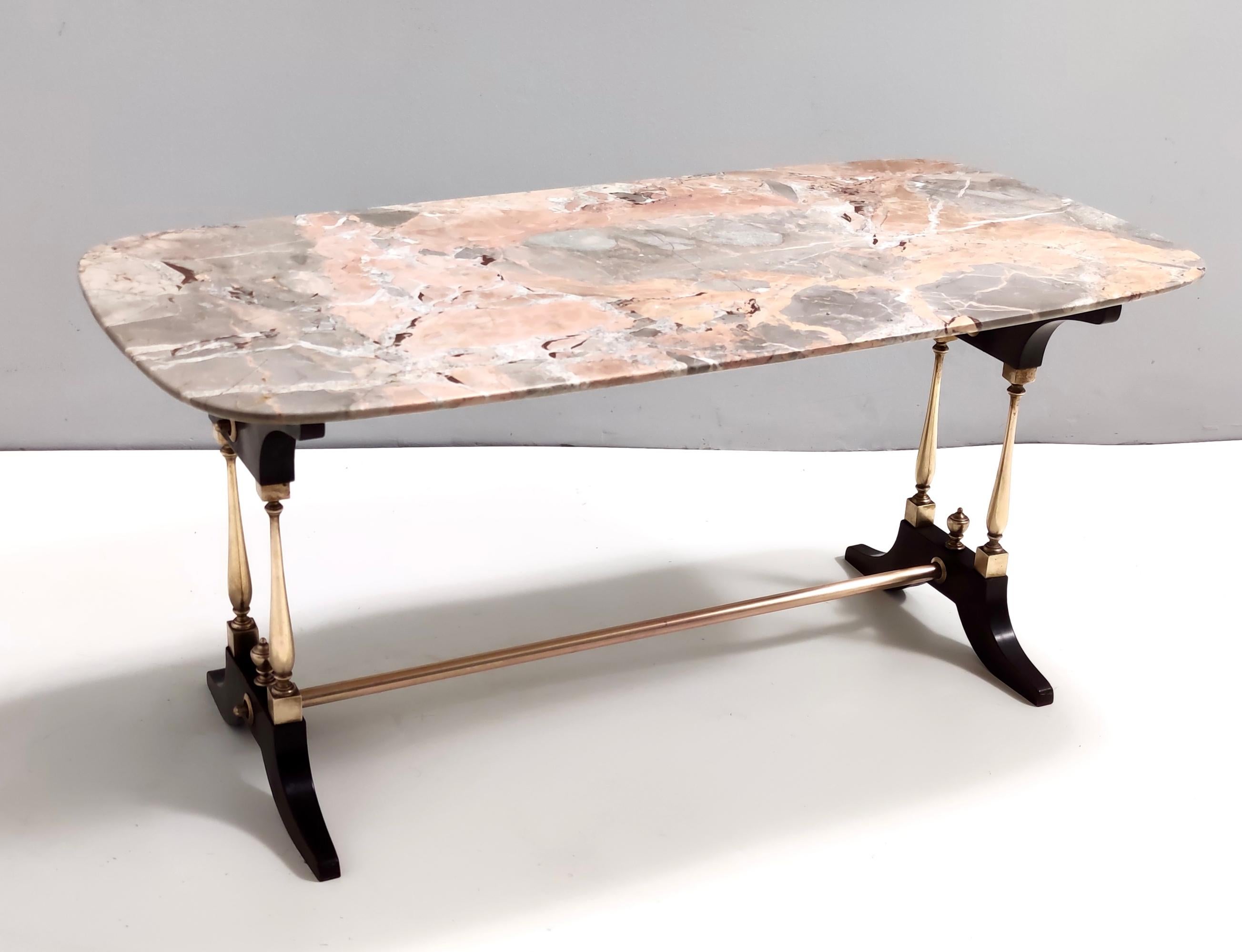 Italian Vintage Beech Coffee Table with a Rectangular Marble Breccia Pernice Top For Sale
