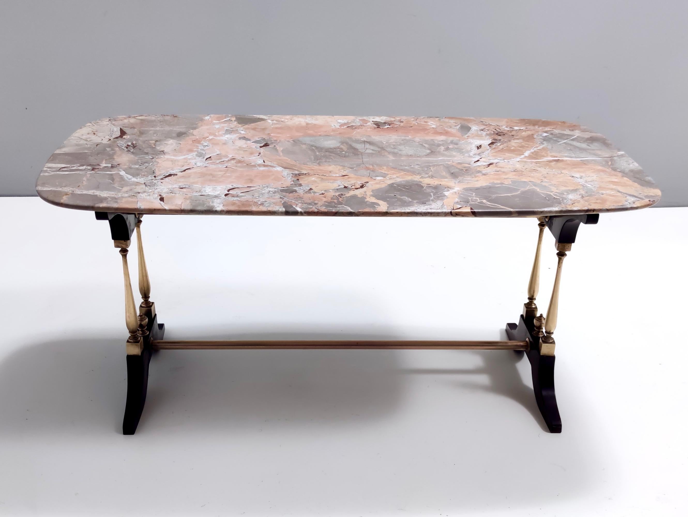 Varnished Vintage Beech Coffee Table with a Rectangular Marble Breccia Pernice Top For Sale