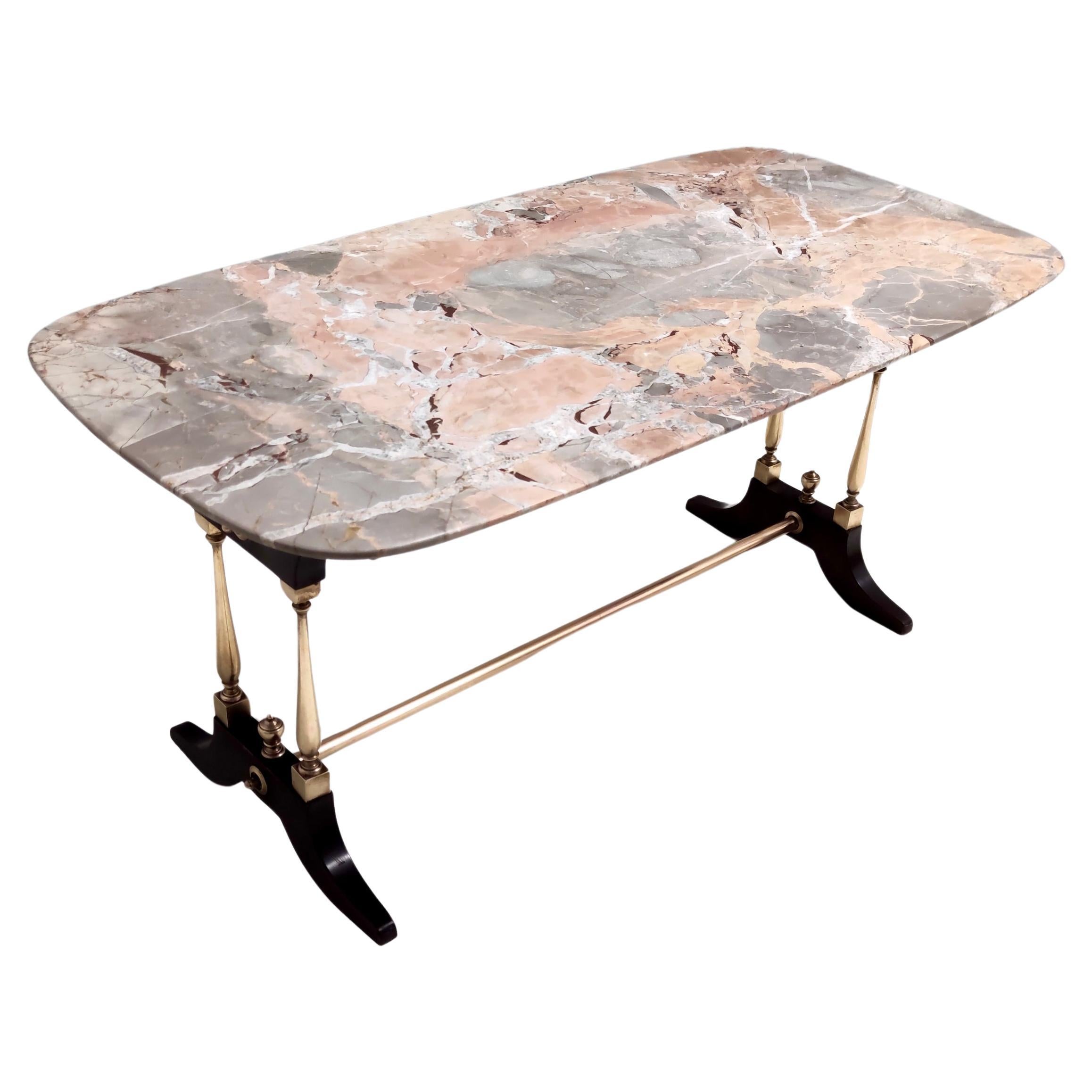 Table basse vintage en hêtre avec plateau rectangulaire en marbre Breccia Pernice