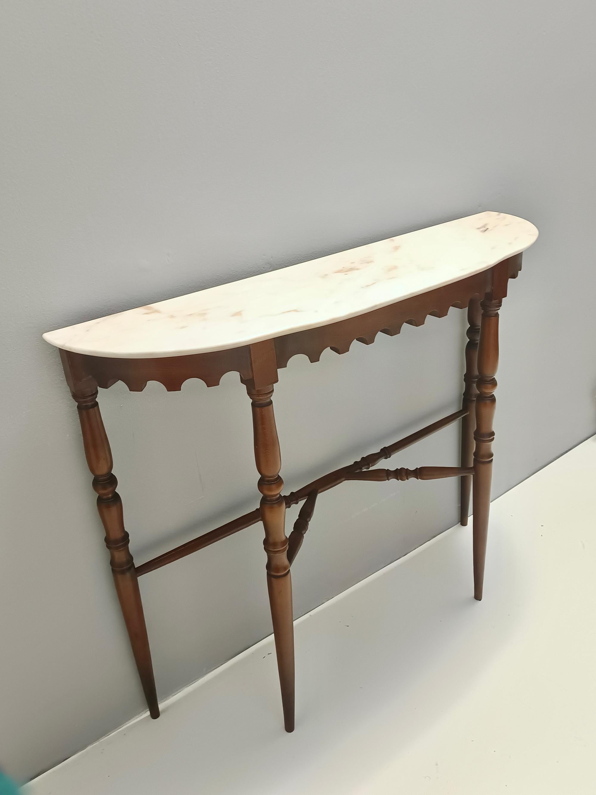 Mid-20th Century Vintage Beech Console Table with a Demilune Portuguese Pink Marble Top, Italy
