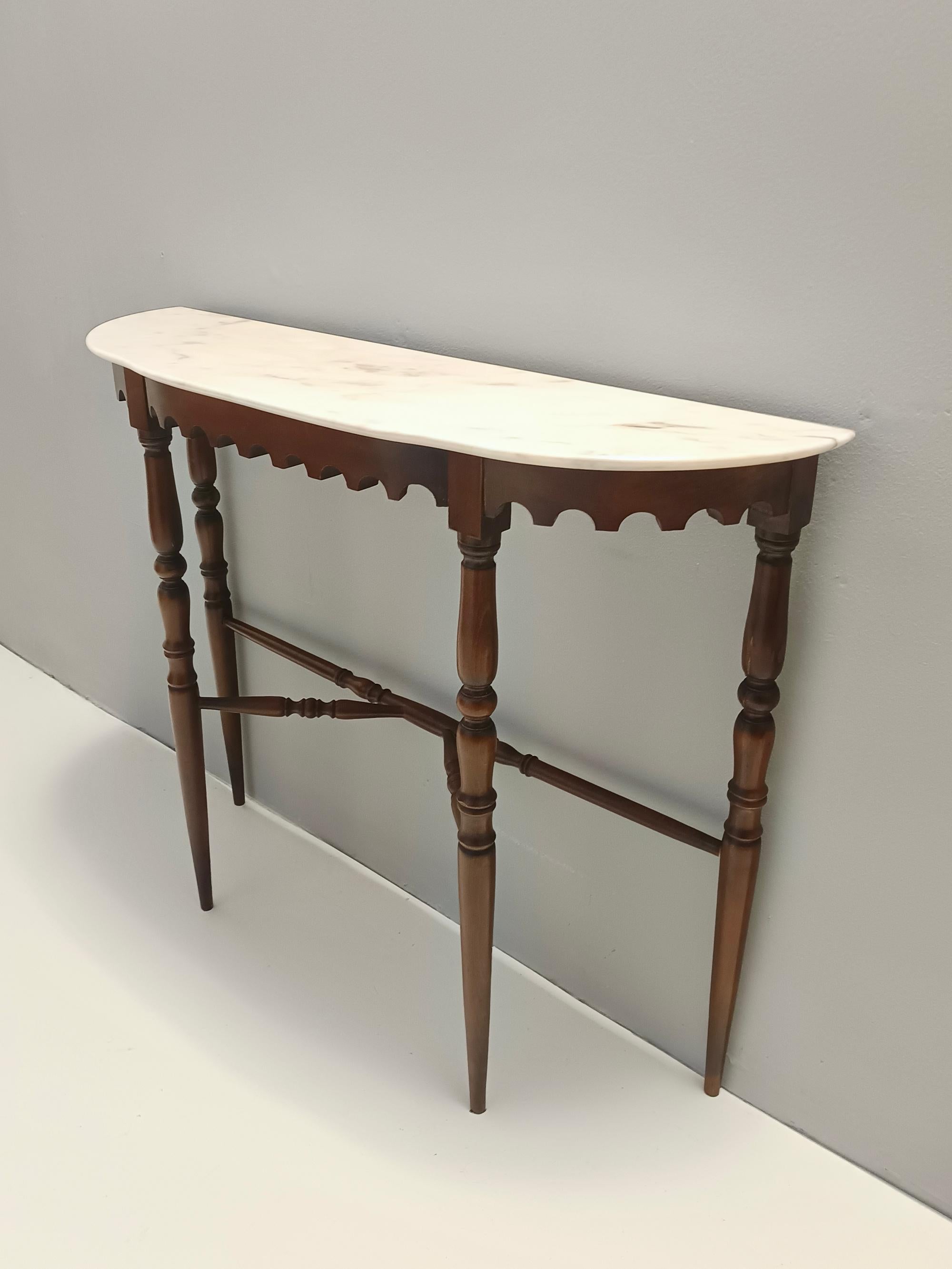 Vintage Beech Console Table with a Demilune Portuguese Pink Marble Top, Italy 1