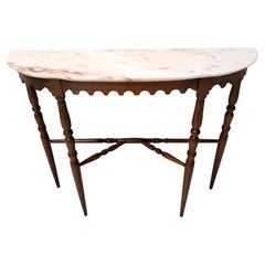 Table console vintage en hêtre avec un plateau en marbre rose portugais demi-lune, Italie