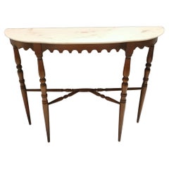 Vintage Beech Console Table with a Demilune Portuguese Pink Marble Top, Italy