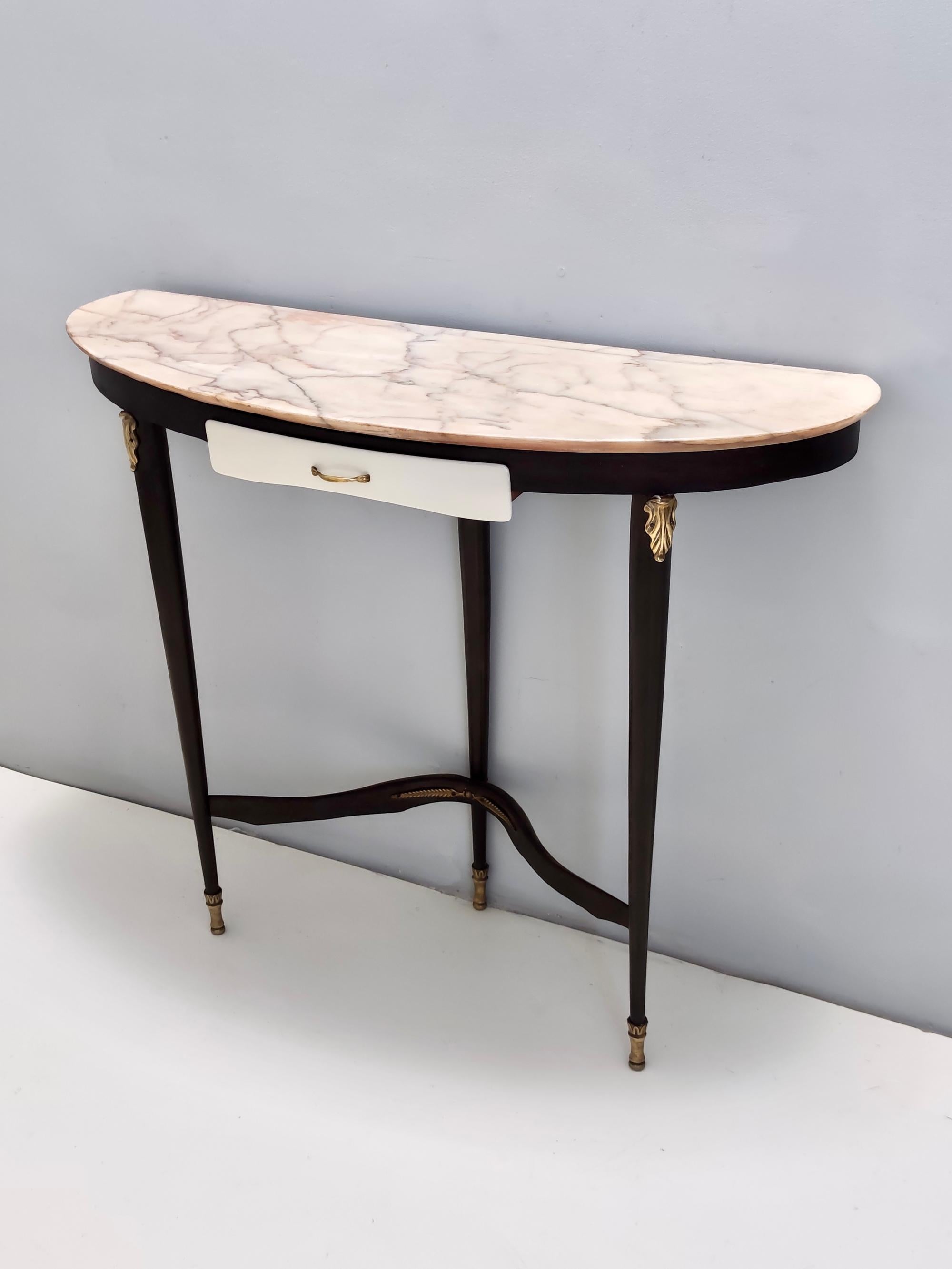 Lacquered Vintage Beech Console with a Demilune Portuguese Pink Marble Top, Italy