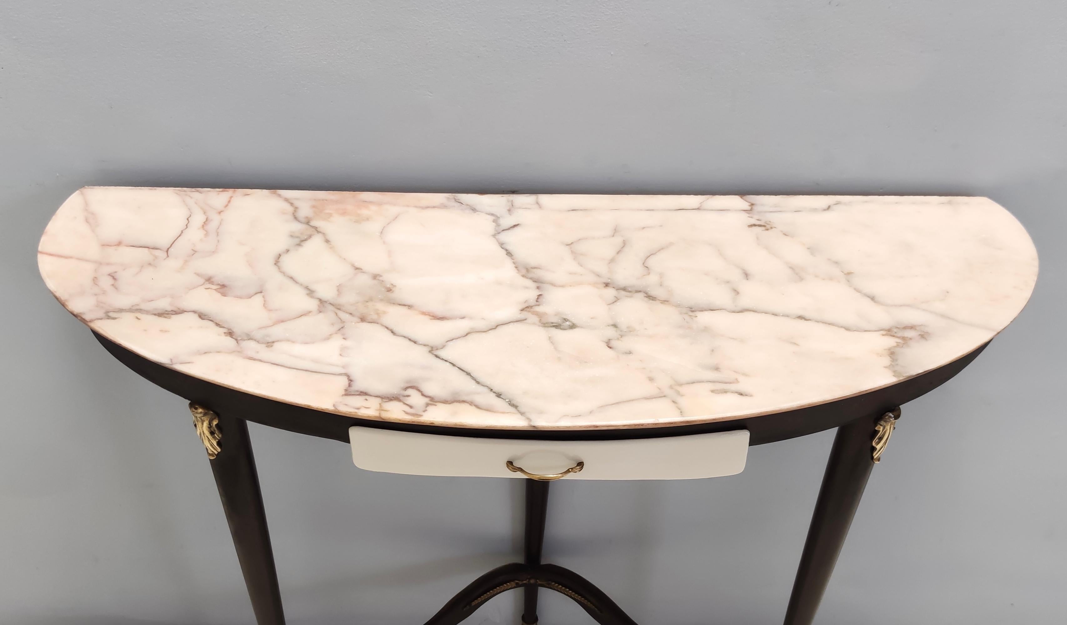 Vintage Beech Console with a Demilune Portuguese Pink Marble Top, Italy In Good Condition In Bresso, Lombardy