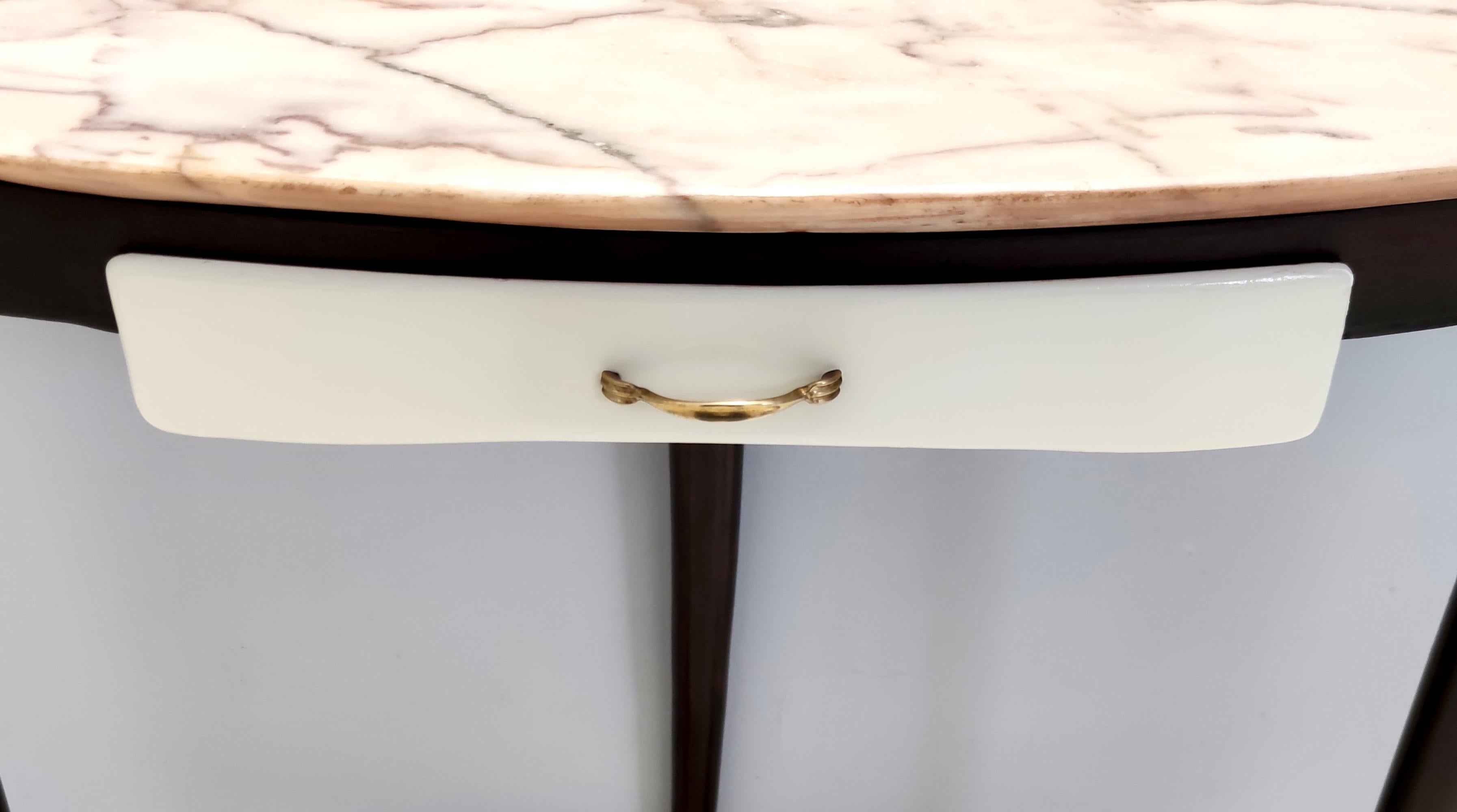Brass Vintage Beech Console with a Demilune Portuguese Pink Marble Top, Italy