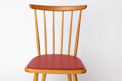 Vintage Beech Dining Chair with Original Red Faux Leather Seat – 1960s/70s