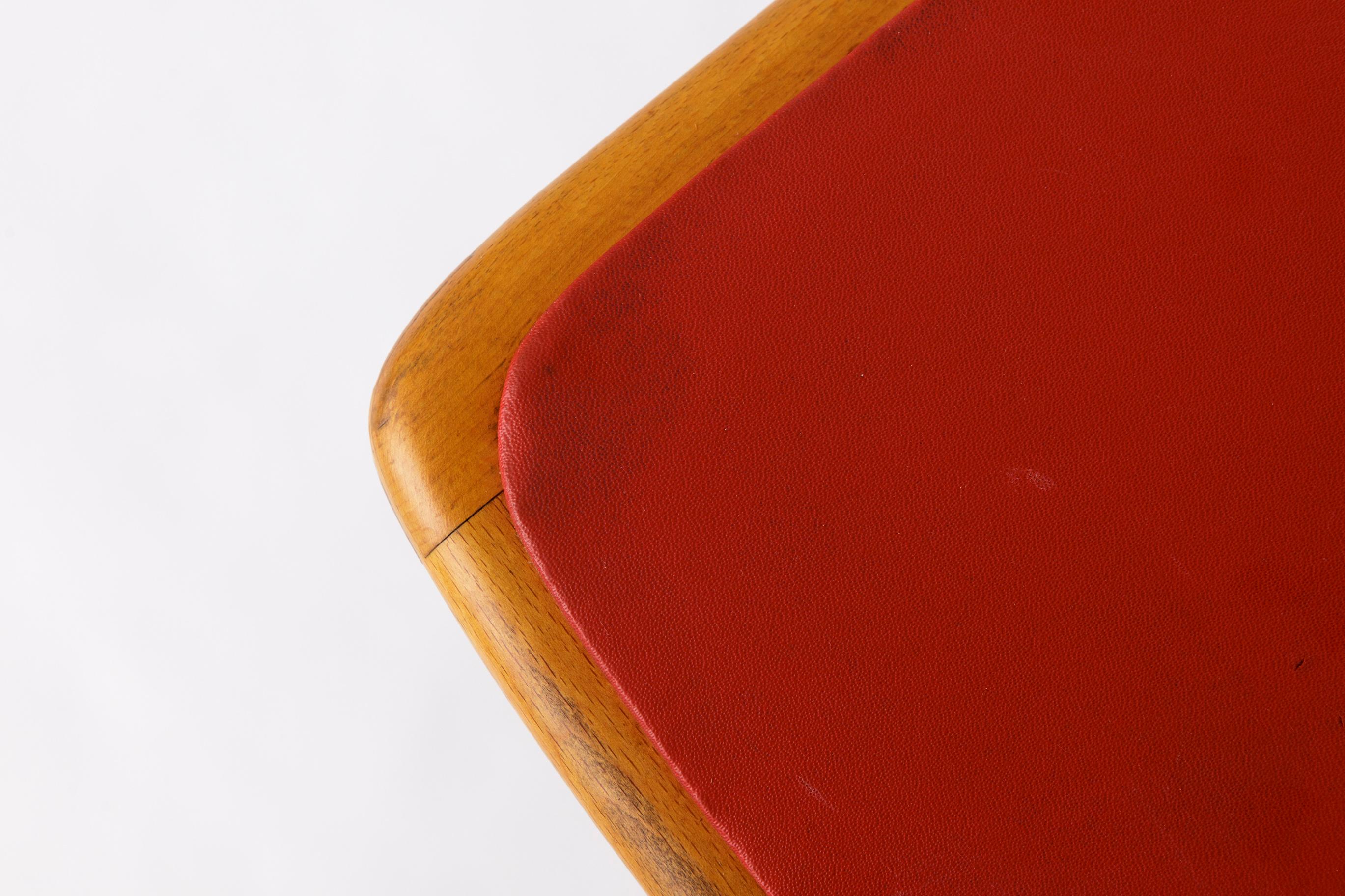 Mid-Century Modern Vintage Beech Dining Chair with Original Red Faux Leather Seat – 1960s/70s For Sale