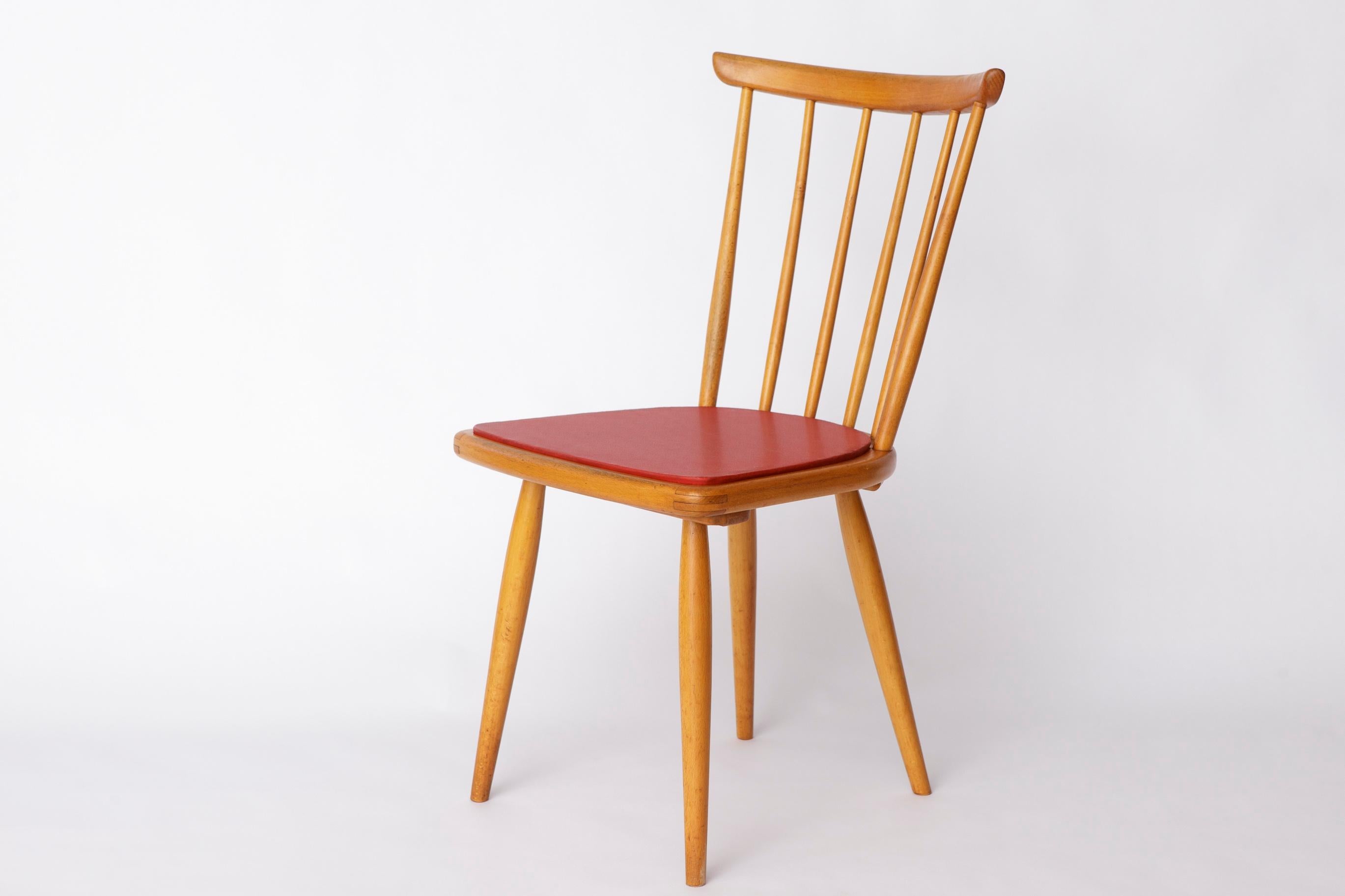 Polished Vintage Beech Dining Chair with Original Red Faux Leather Seat – 1960s/70s For Sale