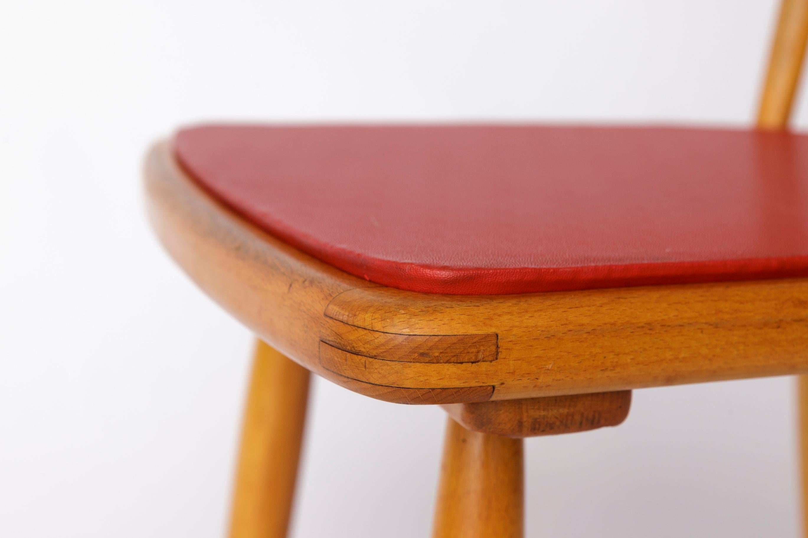 Late 20th Century Vintage Beech Dining Chair with Original Red Faux Leather Seat – 1960s/70s For Sale