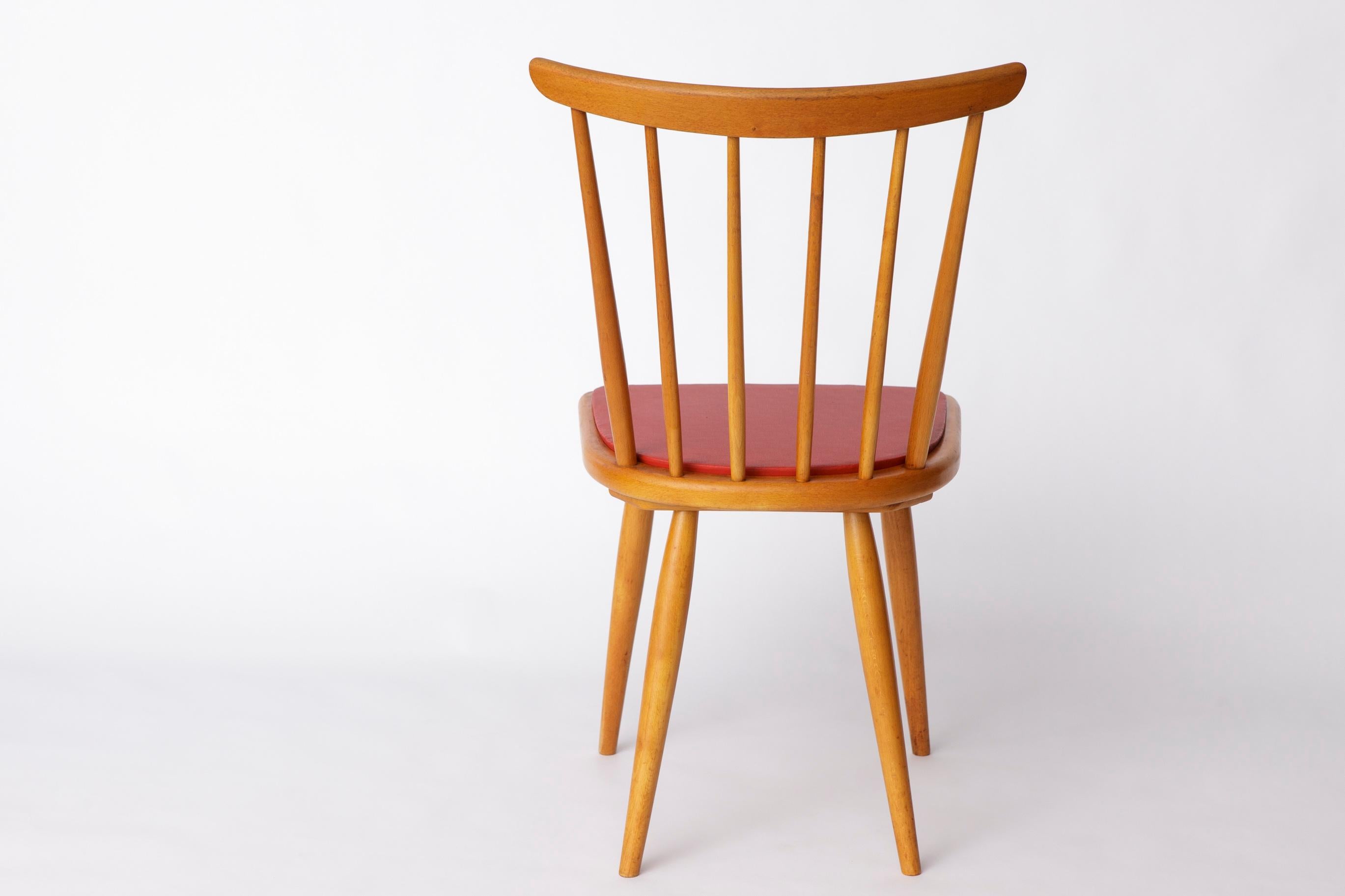 Vintage Beech Dining Chair with Original Red Faux Leather Seat – 1960s/70s For Sale 1
