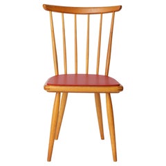 Vintage Beech Dining Chair with Original Red Faux Leather Seat – 1960s/70s