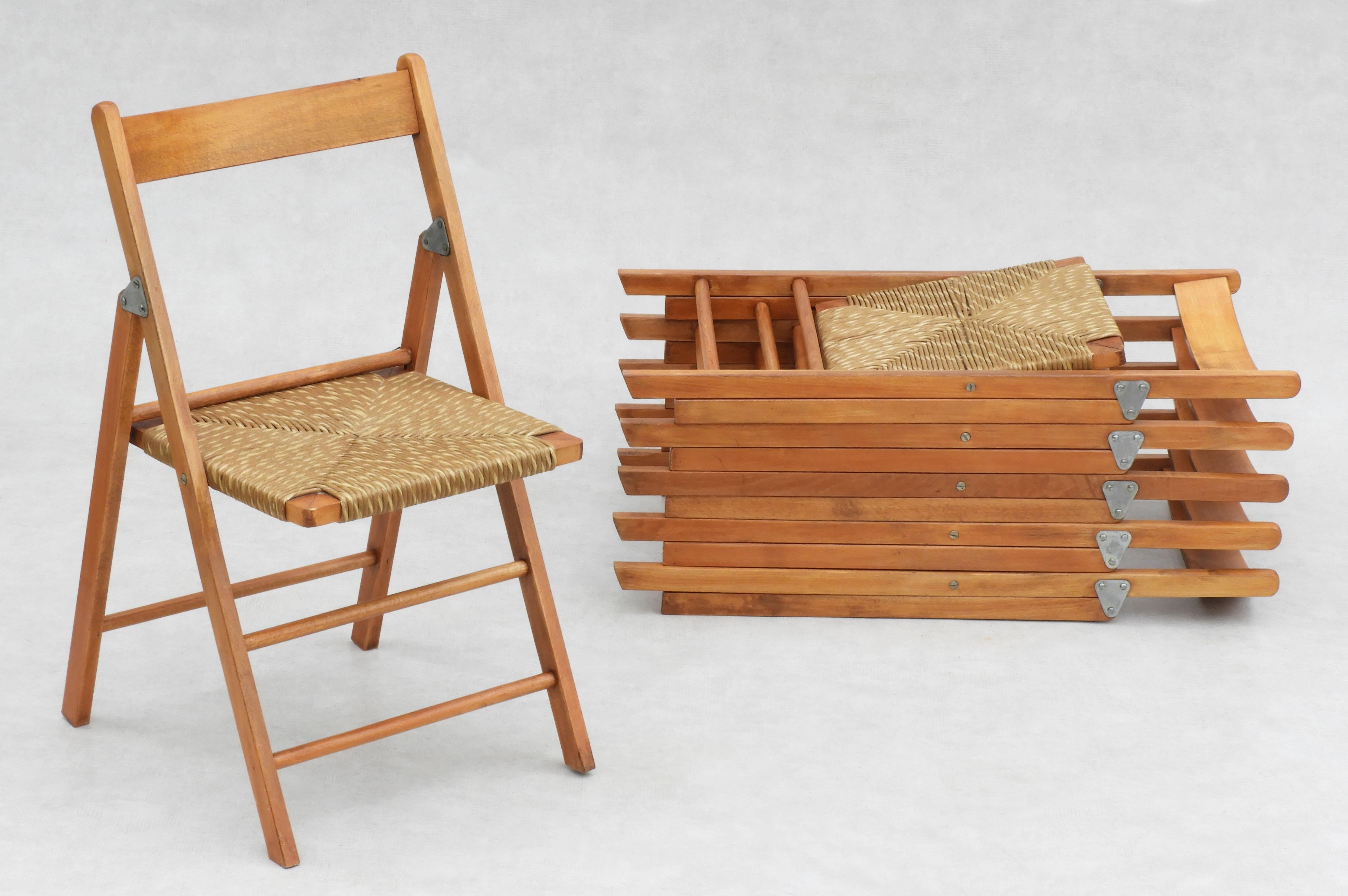 Vintage Beech Folding Chairs with Woven Paper Cord Seats C1970s France, Set of 6 For Sale 4
