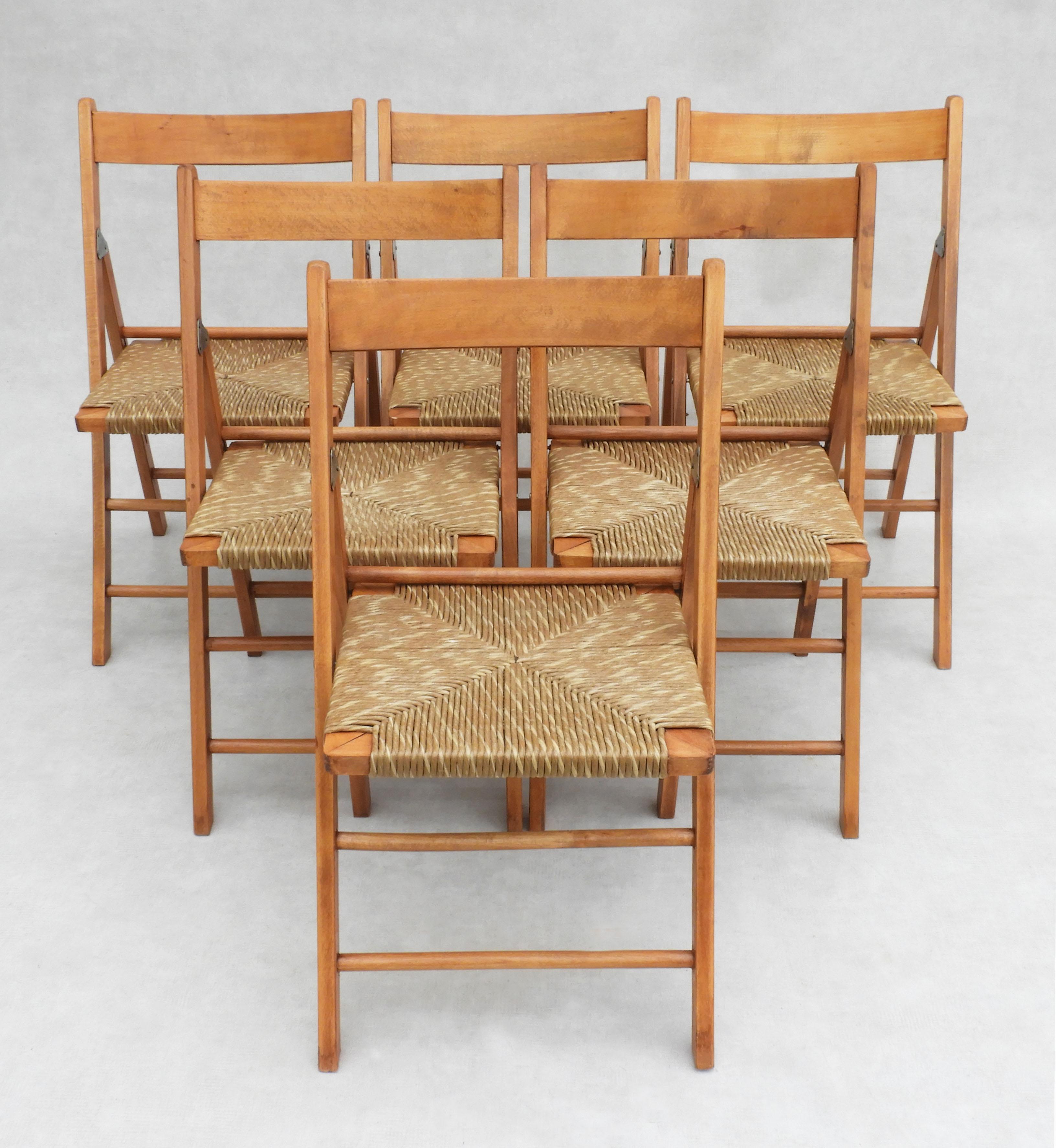 Vintage Beech Folding Chairs with Woven Paper Cord Seats C1970s France, Set of 6 For Sale 5