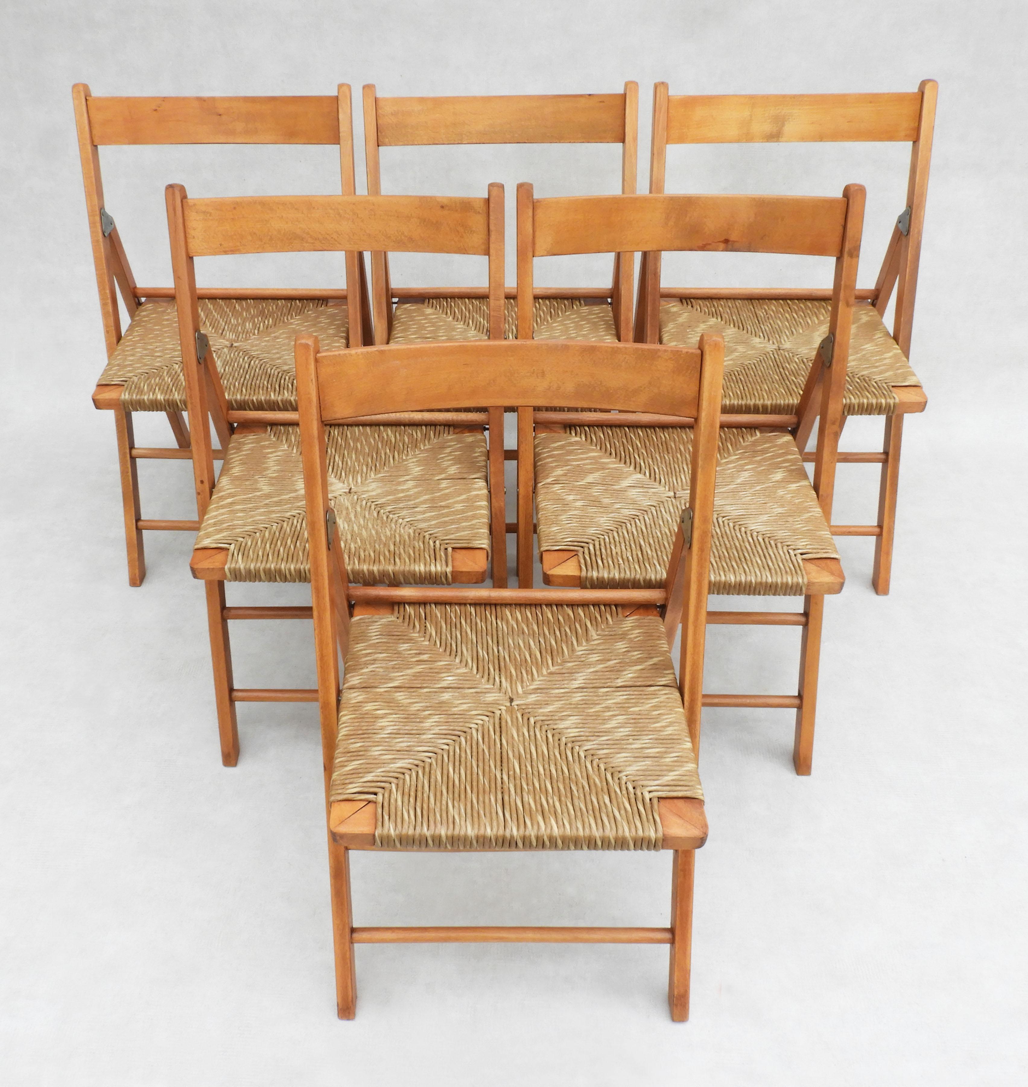 Mid-Century Modern Vintage Beech Folding Chairs with Woven Paper Cord Seats C1970s France, Set of 6 For Sale
